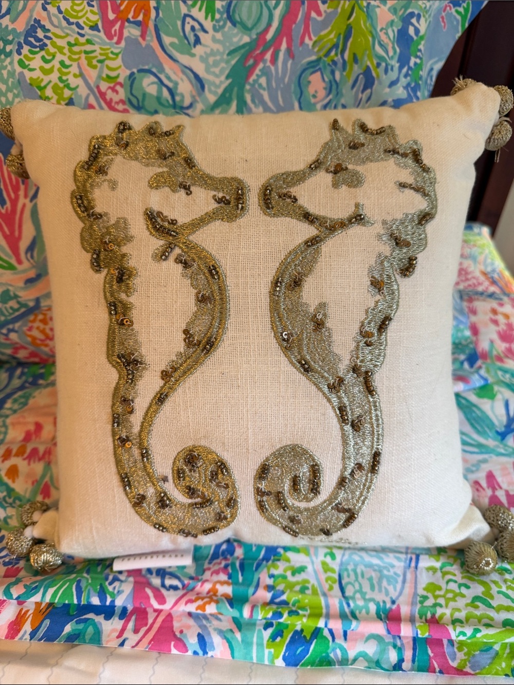 Lilly Pulitzer mermaid cove Cream Pillow with Gold Seahorse Embroidery